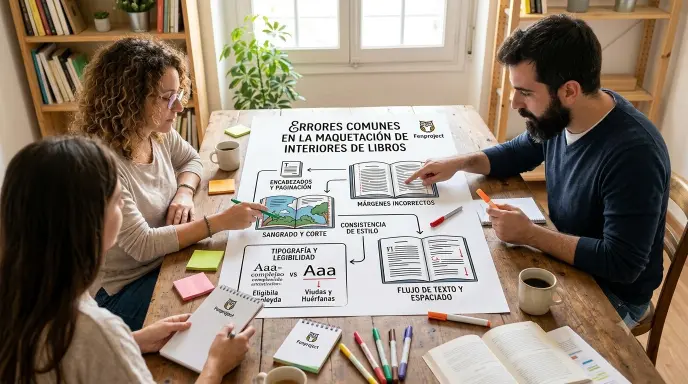 Imagen para el post de Fenproject: Errores comunes en la maquetación de interiores de libros, mostrando un mapa visual de errores de márgenes, sangrado y tipografía