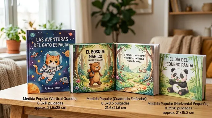 Maqueta de tres cuentos infantiles en un escritorio que muestra las medidas estándar de Amazon KDP: vertical grande de 8.5x11 pulgadas, cuadrado estándar de 8.5x8.5 pulgadas y horizontal pequeño de 8.25x6 pulgadas con títulos en castellano.