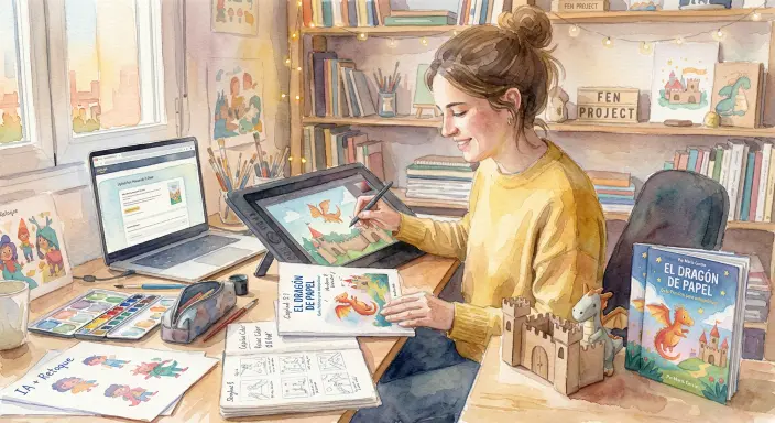 Una mágica ilustración de un cajón de madera del que brota un mundo de fantasía en miniatura con un castillo de papel y un pequeño dragón, que ejemplifica de forma creativa cómo publicar un libro ilustrado con poco presupuesto combinando arte tradicional y digital.