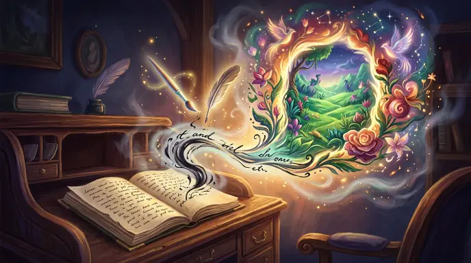 Ilustración conceptual que simboliza la transformación de las palabras escritas en arte visual mediante un portal mágico que revela un mundo fantástico.